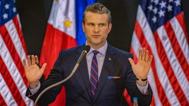 FILE - Defense Secretary Pete Hegseth speaks during his visit at Camp Aguinaldo on March 28, 2025, in Quezon city, Metro Manila, Philippines. (Photo by Ezra Acayan/Getty Images)