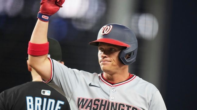 Washington Nationals' Alex Call reacts after hitting a single during the fourth inning of a baseball game against the Miami Marlins, Friday, April 11, 2025, in Miami. (AP Photo/Lynne Sladky)