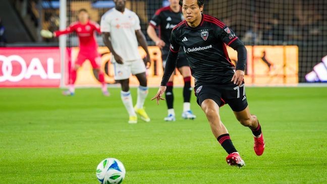 D.C. United midfielder Hosei Kijima (77) chases down the ball during a game at Audi Field on Saturday, April 12, 2025. (Daniel Sperling/7News)