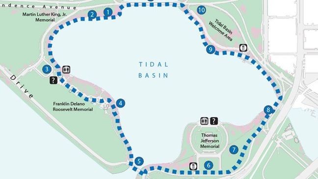 Map of the walking route around D.C.'s tidal basin. (National Park Service)