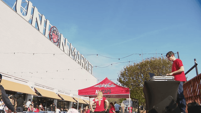 The Washington Capitals held a playoff pep rally at Union Market in D.C. on April 18, 2025. (Trevor Taylor/7News)